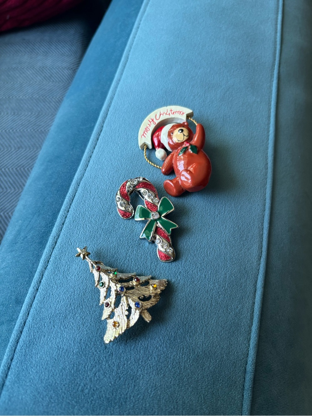 Vintage Red, Green, Gold Christmas Brooch Trio